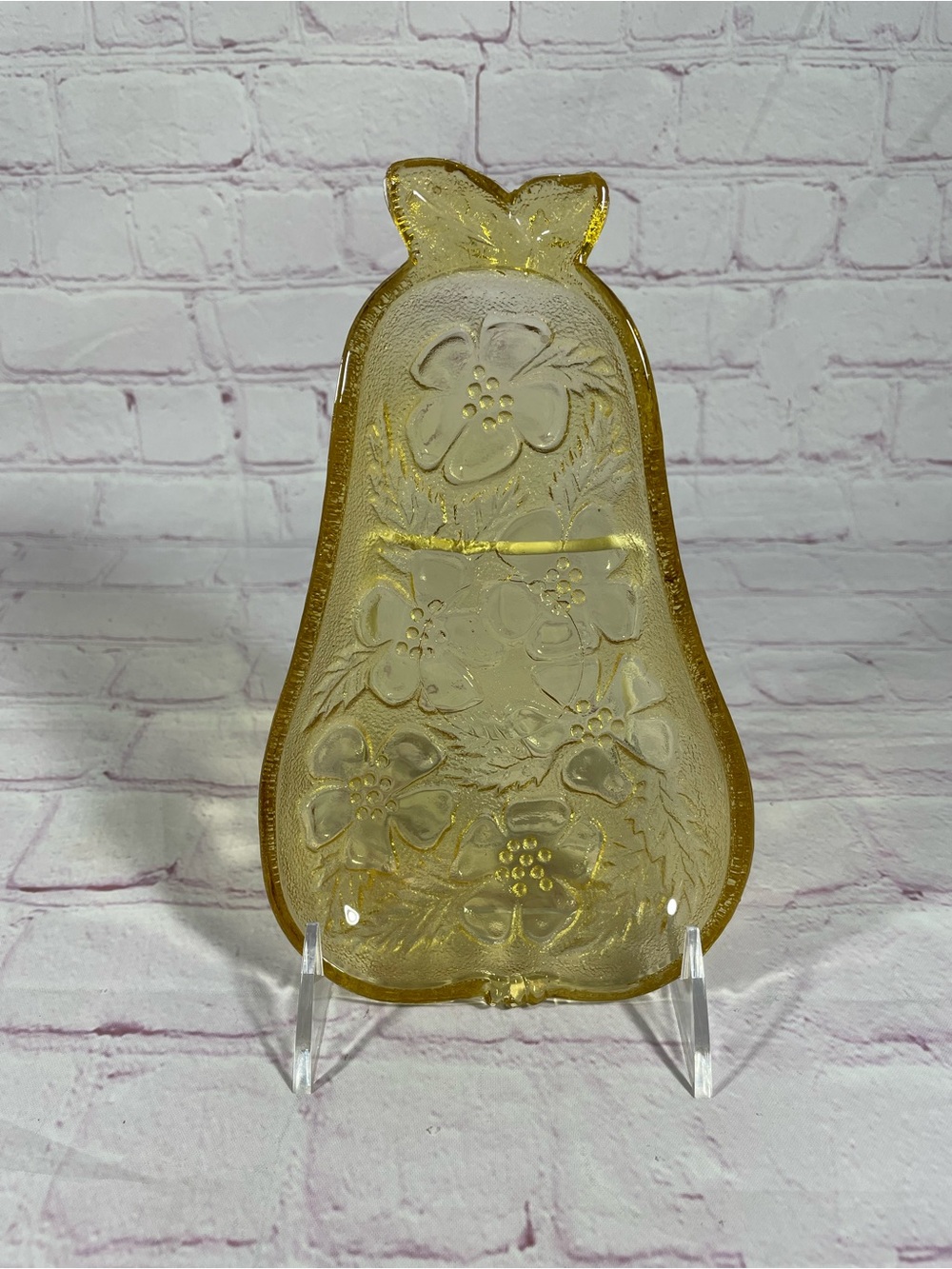 Vintage Hazel Atlas Pear Shaped Floral Embossed Amber Glass Candy Trinket Dish